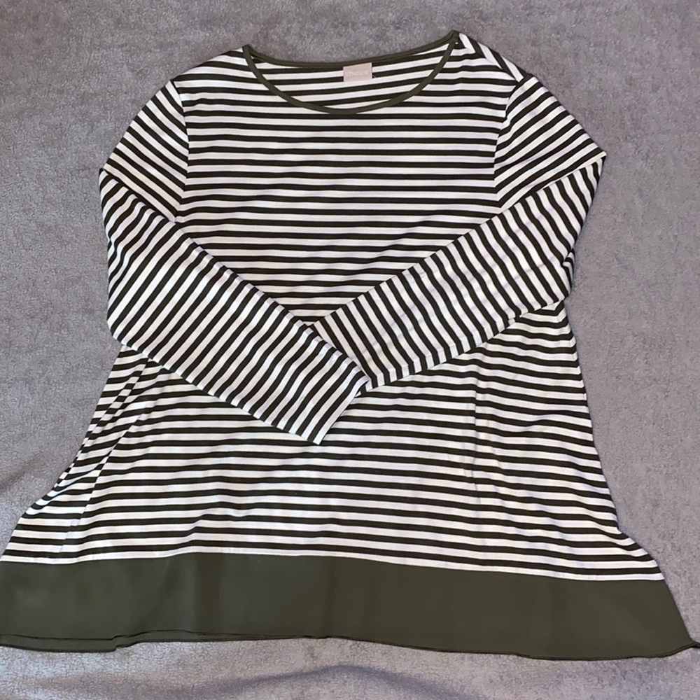 🫒Chico’s olive green striped 3/4 sleeve medium